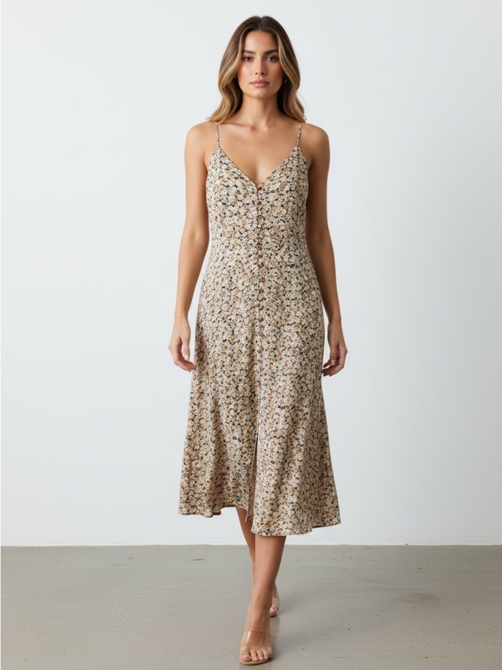 AFRM Beige Floral Slip Midi Dress